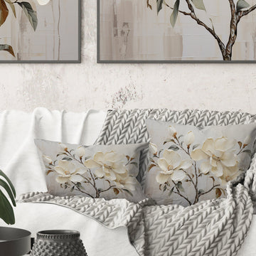 Beige And Green Magnolias Flower Blossum - Magnolias Throw Pillow